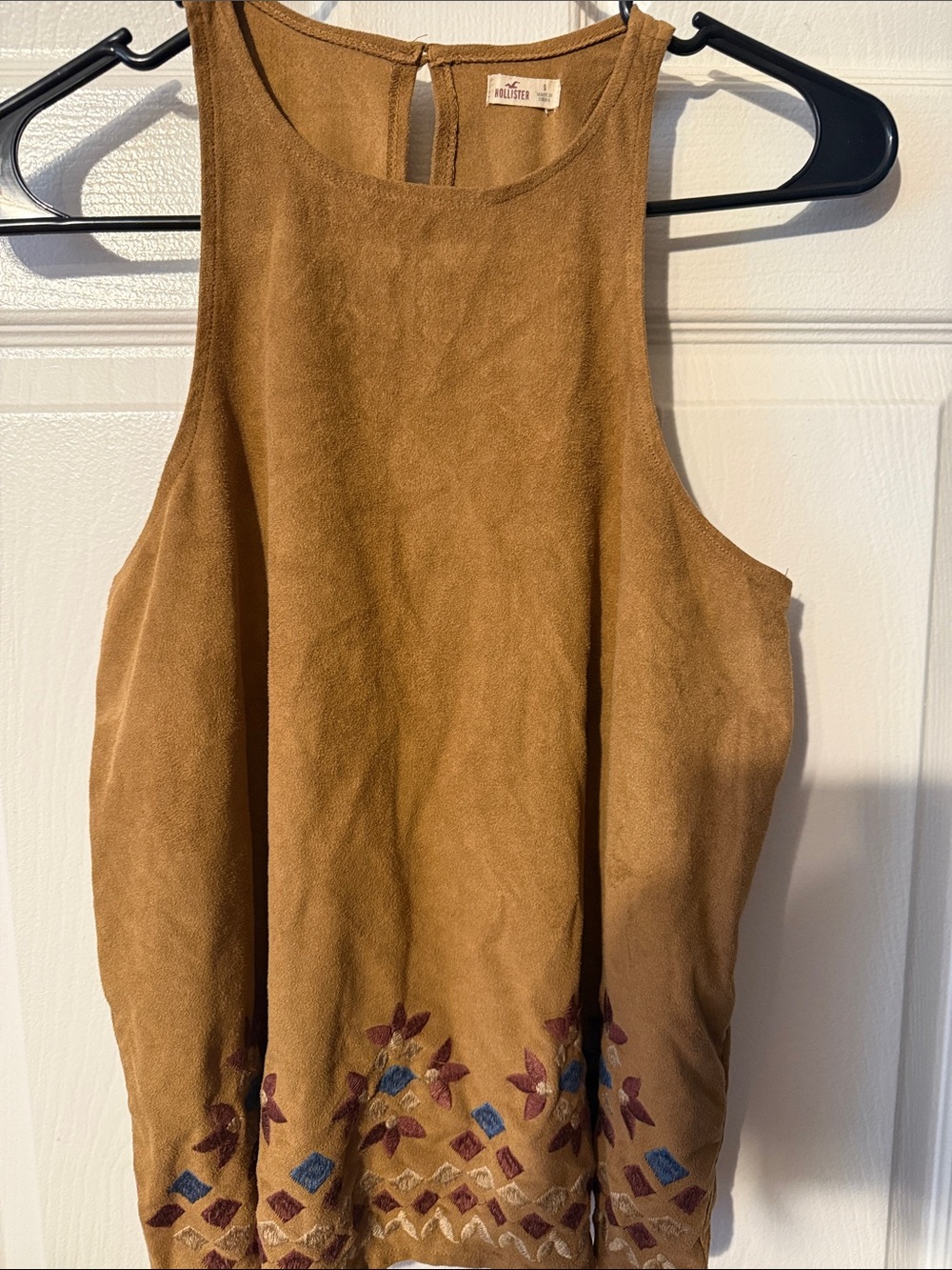 Hollister Tan Suede-Look Sleeveless Tank with Embroidered Hem
